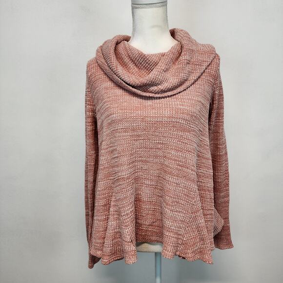Anthropologie Postmark Cowl Neck Sweater Size M Pink Marled Waffle Knit Peplum - Picture 1 of 13